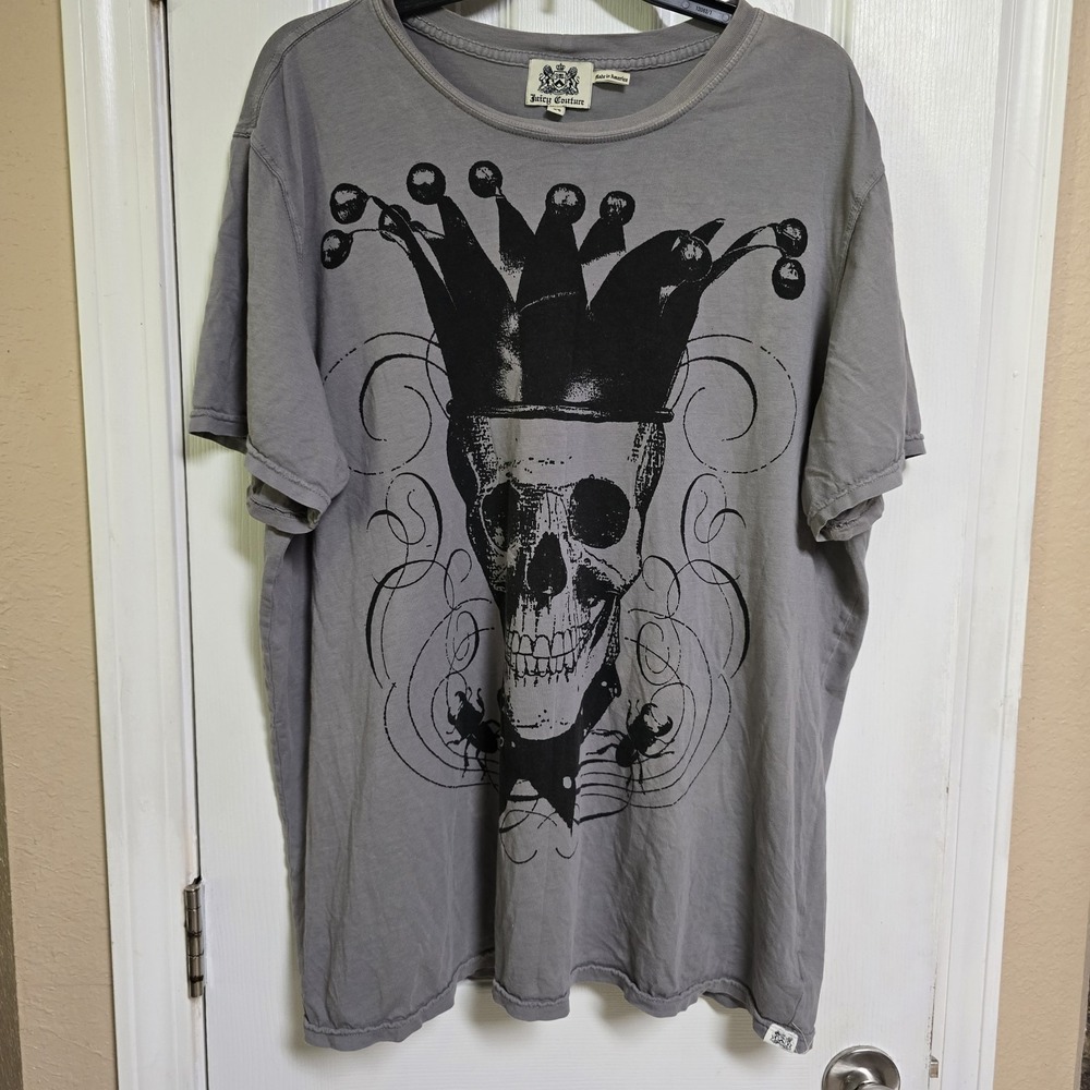 Juicy Couture XXL Skull Jester Crown Graphic T Shirt Gray Y2K Made USA Gothic